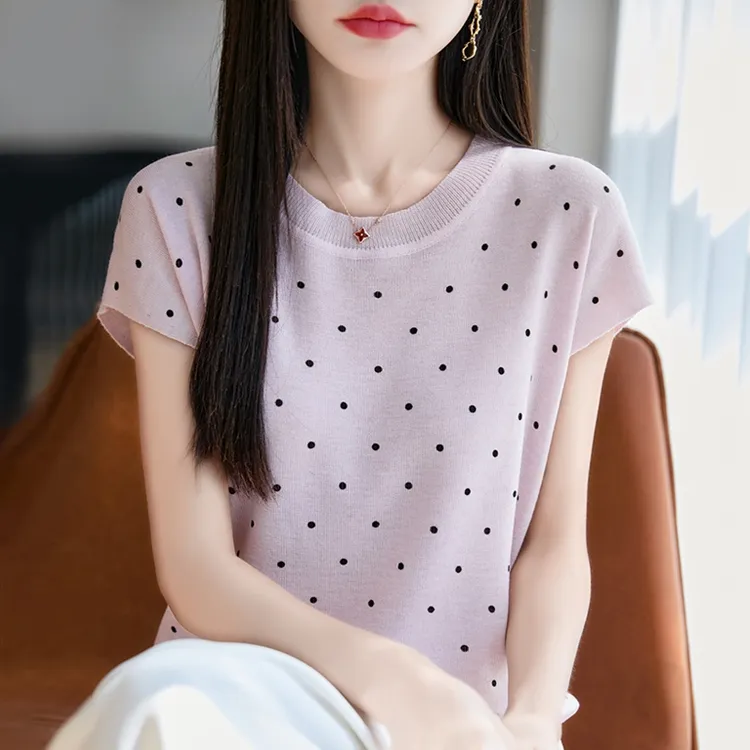 哥弟阿玛施正品夏季新款韩版法式针织衫圆领波点减龄百搭女士上衣