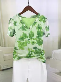 双层网纱印花短袖t恤女装夏季新款时尚减龄V领百搭上衣A2127