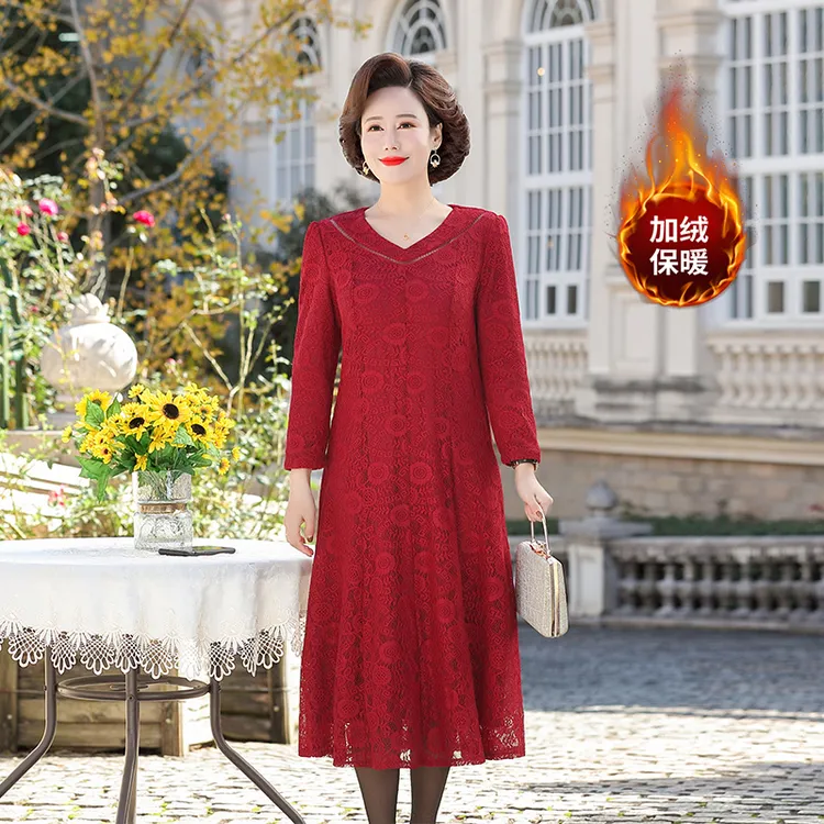 冬季女结婚喜妈妈高档丈母娘加绒厚款保暖喜庆婚宴礼服喜服连衣裙