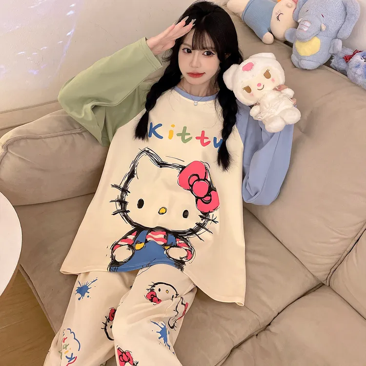 春秋款纯棉女士睡衣长袖长裤2025新款少女卡通甜美大码家居服套装