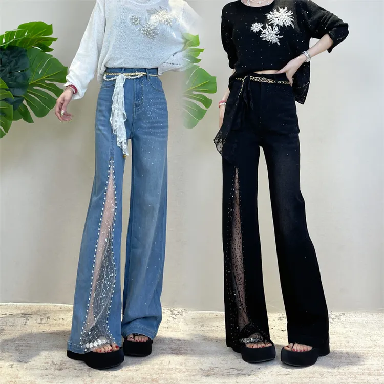 迪否蕾丝拼接烫钻牛仔裤女夏薄款2025新款时尚窄版直筒阔腿裤6113