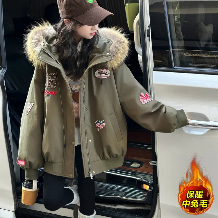 女童加绒大毛领棉服外套女孩中大童学生连帽冬季保暖潮流加厚韩版