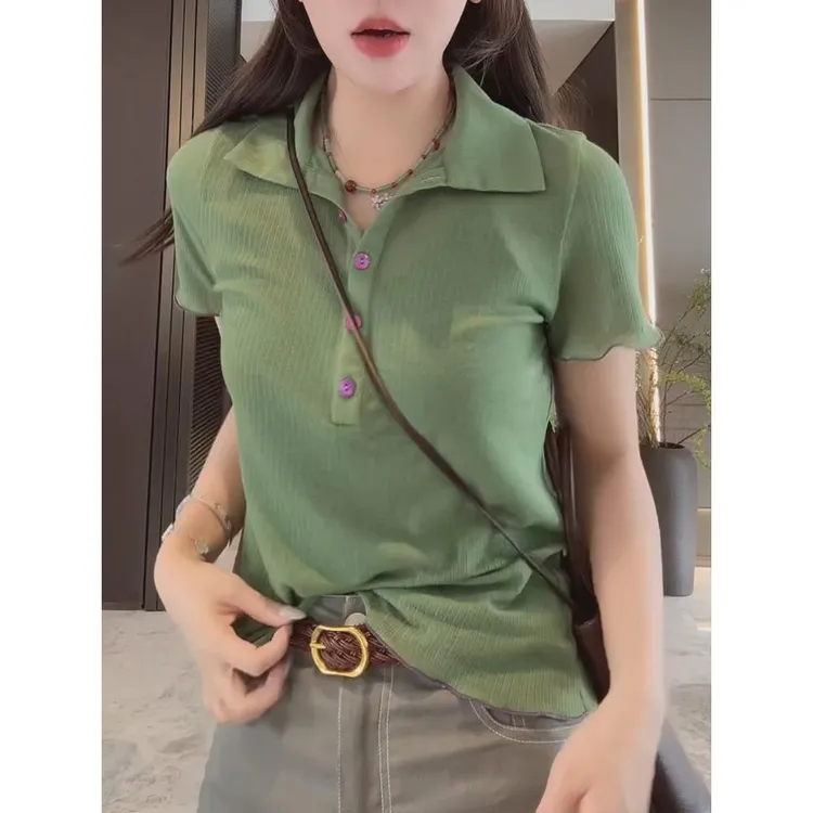 polo领短袖t恤女夏季正肩体恤2025年新款翻领绿色高级感上衣