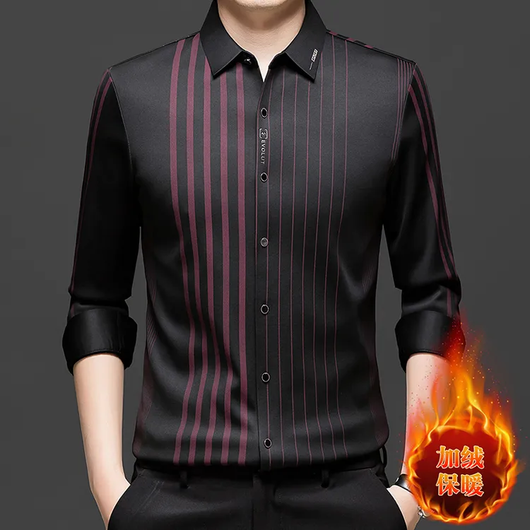 男士长袖加绒加厚对襟衬衫保暖不对称高档免烫条纹时尚冬季上装