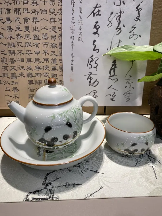 汝窑手工手绘雪景熊猫套装