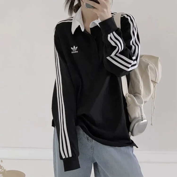 阿迪达斯三叶草 adicolor复古美式三条纹纯棉长袖POLO衫 IZ4806