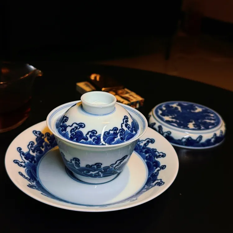 零零严选【松风馆藏】仿明青花海浪海水盖碗主人杯盖置套组