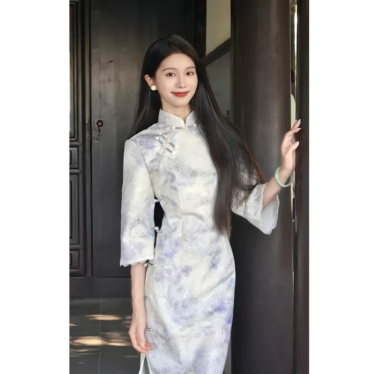 画报夫人早秋新中式日常倒大袖印花国风连衣裙旗袍改良年轻款少女