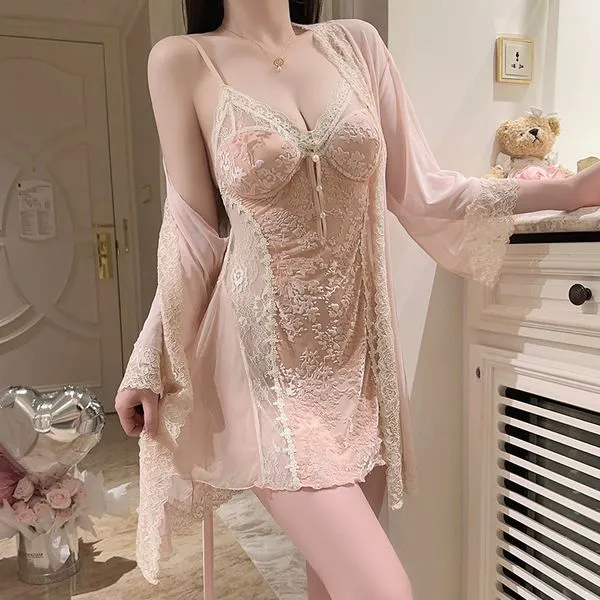 秋冬款性感吊带睡裙加胸垫纯欲甜美轻奢丝绒开叉蕾丝睡裙