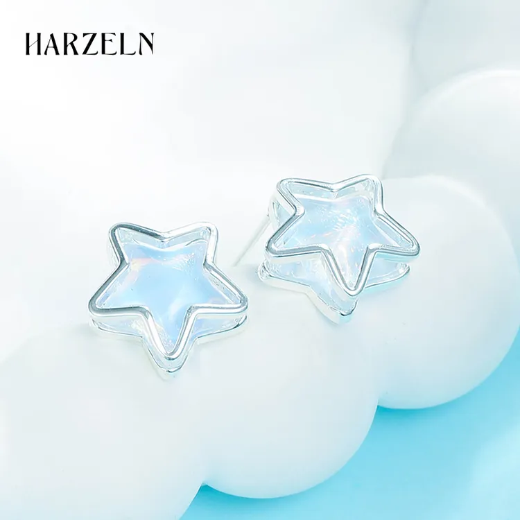 HARZELN清新摩卡水晶五角星耳钉时尚气质小众高级感耳环女生