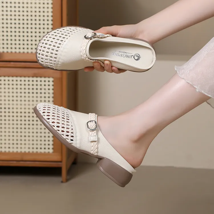 新款百搭编织镂空包头拖鞋女夏外穿一脚蹬懒人凉拖鞋时尚休闲半拖