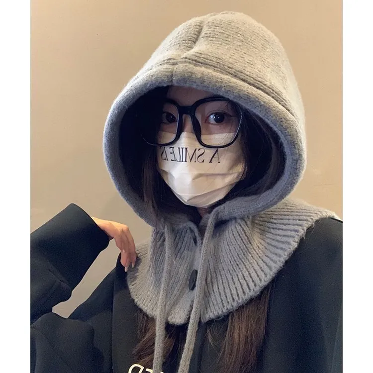 时尚针织可拉可拉法帽带纽扣女秋冬韩版保暖护包头帽