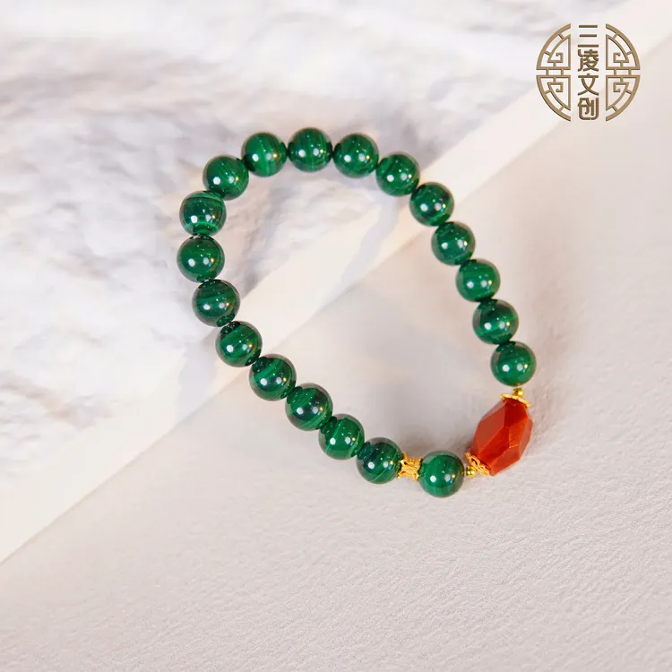 【三凌文创】孔雀石搭配18K金包浆菱形南红手串气质轻奢时尚百搭