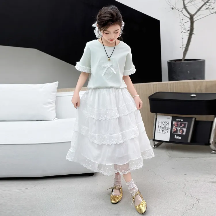 女童夏装套装2025新款儿童短袖T恤半身裙子两件套女孩夏季中大童