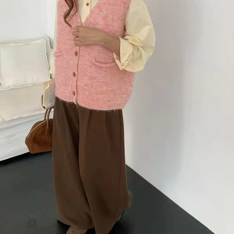 韩系卷边v领针织开衫马甲女秋冬季新款宽松百搭叠穿坎肩毛衣背心