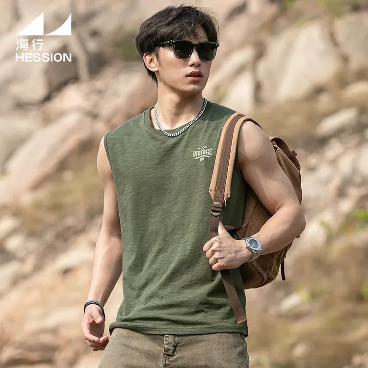 海行军绿色户外竹节棉透气无袖T恤男夏季新款美式健身运动背心