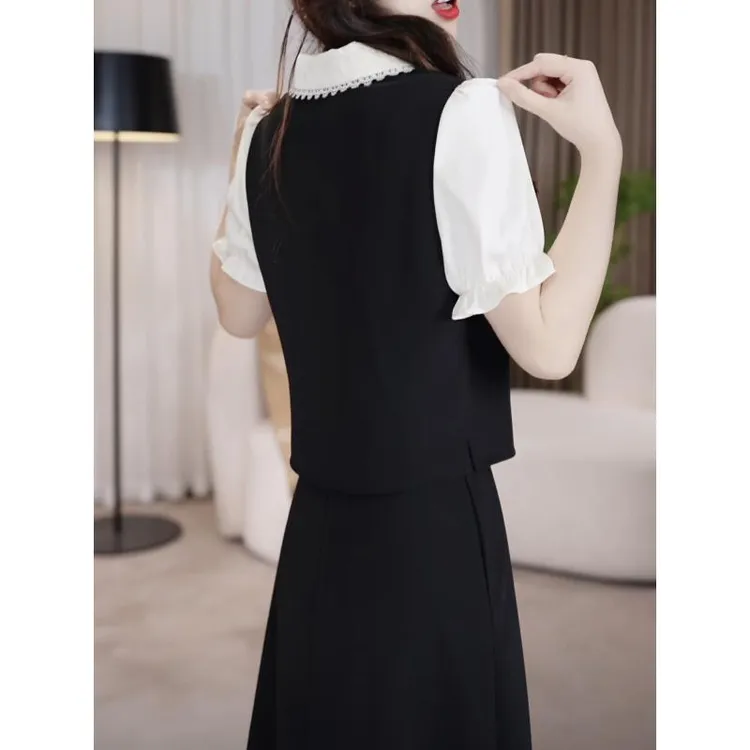 【连衣裙】2025夏季时尚气质洋气黑色收腰拼接显瘦时尚连衣裙
