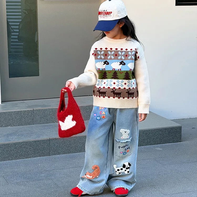 女童毛衣套装2025新款洋气时髦中大童百搭宽松刺绣牛仔裤两件套潮