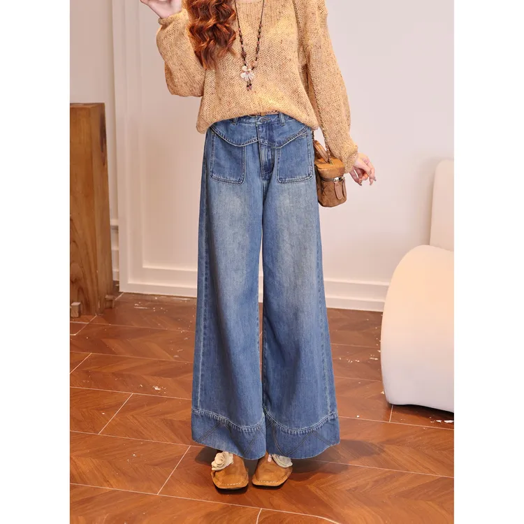 温舒敏【小巷闲步】港风复古阔腿牛仔长裤女高腰百搭裤子MLM0421