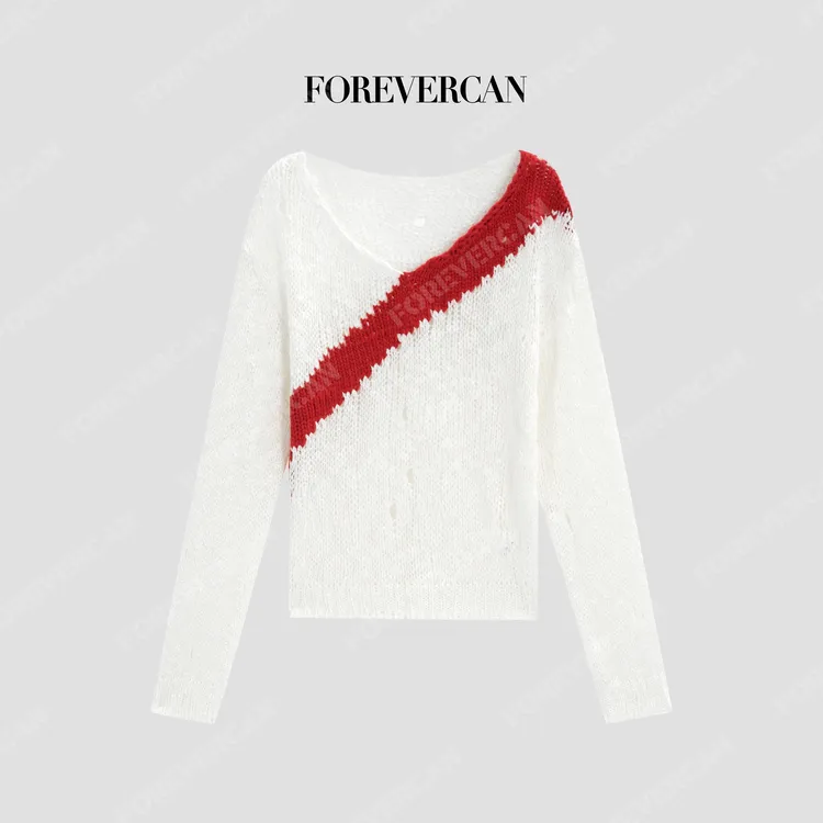 FOREVERCAN“绶带仪式”慵懒镂空撞色针织罩衫软糯毛衣MY10056