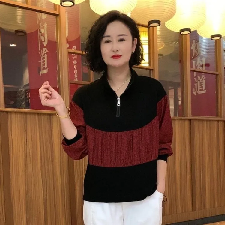 秋季新款时尚妈妈装上衣气质拉链拼接豹纹宽松显瘦遮肚子休闲卫衣