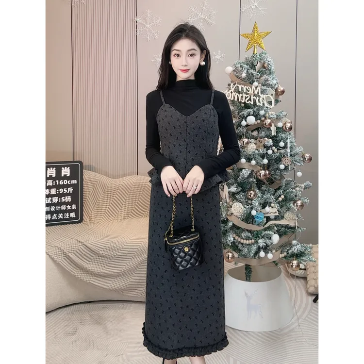 X'XIAO B植绒毛呢吊带背心叠穿打底衫半身裙三件套