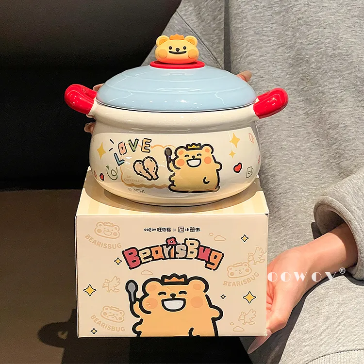 小熊虫可爱带盖泡面碗个人专用陶瓷碗宿舍家用高颜值米饭碗伴手礼