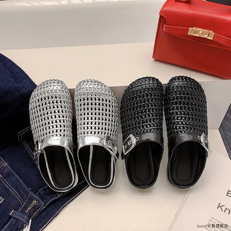 hunnz大头编织镂空松糕厚底包头半拖鞋女外穿小个子增高乐福鞋