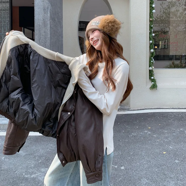 咖色假两件针织连帽拼接PU皮羽绒服女短款冬季小个子复古皮衣外套