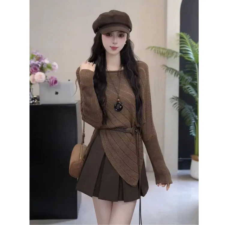 不规则下摆镂空长袖针织衫女2025年秋季新款洋气韩系休闲百搭上衣