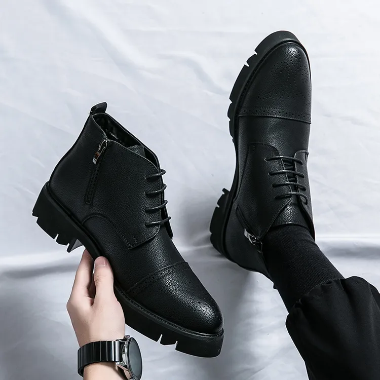 内增高尖头系带马丁靴休闲英伦风时尚皮鞋男款百搭高帮韩版皮靴子