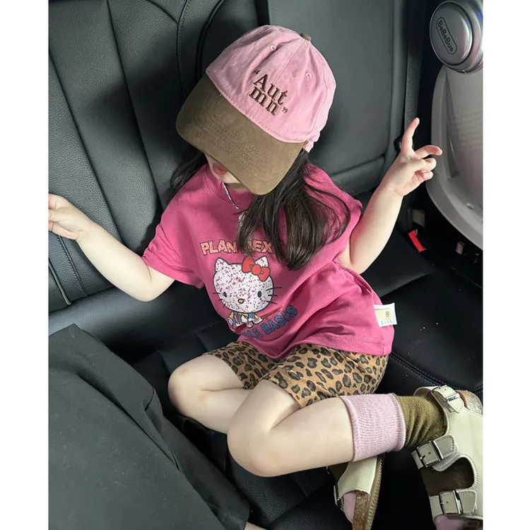 女童夏套装2025新款洋气儿童可爱印花粉色纯棉短袖上衣豹纹打底裤