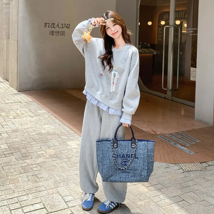 韩系休闲运动套装女2025秋季新款俏皮减龄印花卫衣阔腿裤两件套