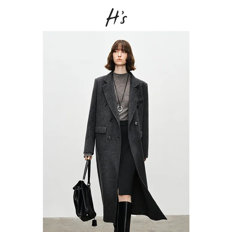 HS骆驼绒双面毛呢大衣女冬季新款深灰长款西装式双排扣外套