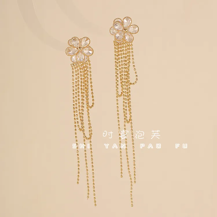 铜合金合成锆石耳饰 小花流苏耳环一款多戴耳钉气质时尚长款配饰