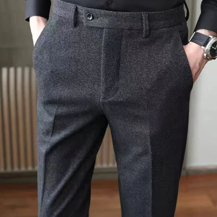 秋冬厚款男士毛尼休闲裤加厚保暖商务提臀小直筒修身抗皱免烫长裤