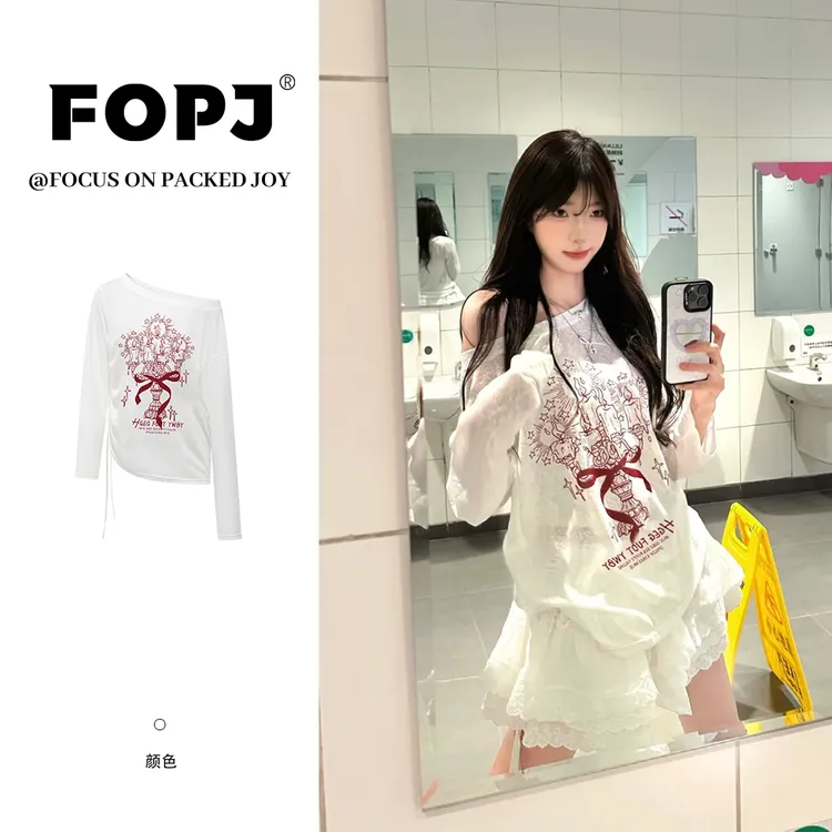 FOPJ夏季新款纯欲风长袖防晒罩衫宽松百搭设计感印花潮流斜肩上衣