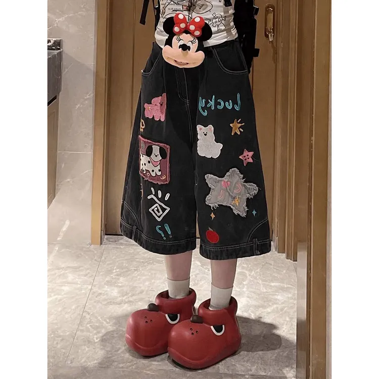 趣味卡通贴布刺绣牛仔七分裤女夏季新款宽松阔腿百搭休闲直筒中裤