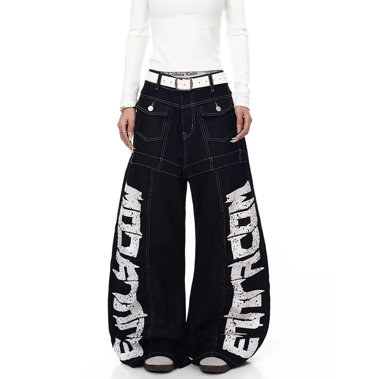 美式高街复古潮款阔腿牛仔裤男女2025冬季新款小众宽松显瘦弯刀裤