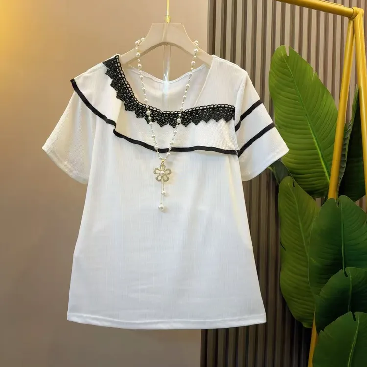 简约韩系拼色木耳边时尚显瘦设计感气质T恤衣长60左右气质百搭