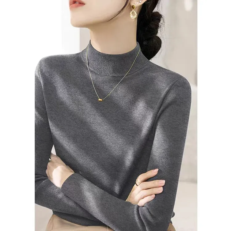 大码法式灰色半高领内搭针织衫女装秋冬新款高级长袖打底上衣胖mm