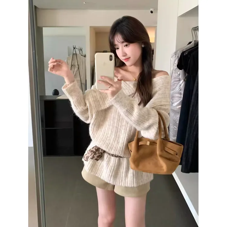 法式慵懒风一字肩翻领软糯宽松百搭中长款针织衫秋冬毛衣女两面穿