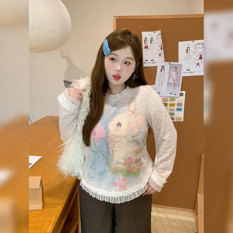 徐达布【浪清迷迭】大码针织衫女微胖早秋印花打底衫Z37772C53