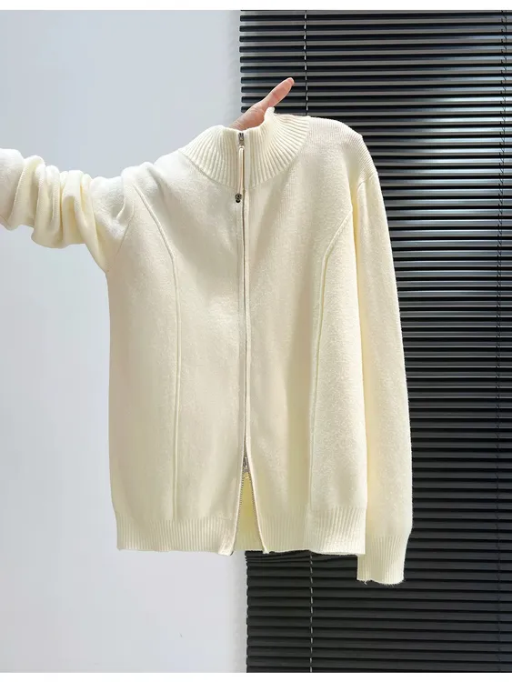 【羊毛】2025秋冬新款立领羊毛针织开衫纯色双拉链毛衣外套女百搭