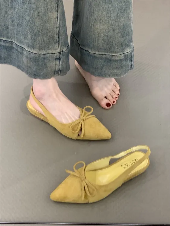 9925-63法式蝴蝶结包头凉鞋2025年温柔仙女绒面黄色尖头坡跟单鞋