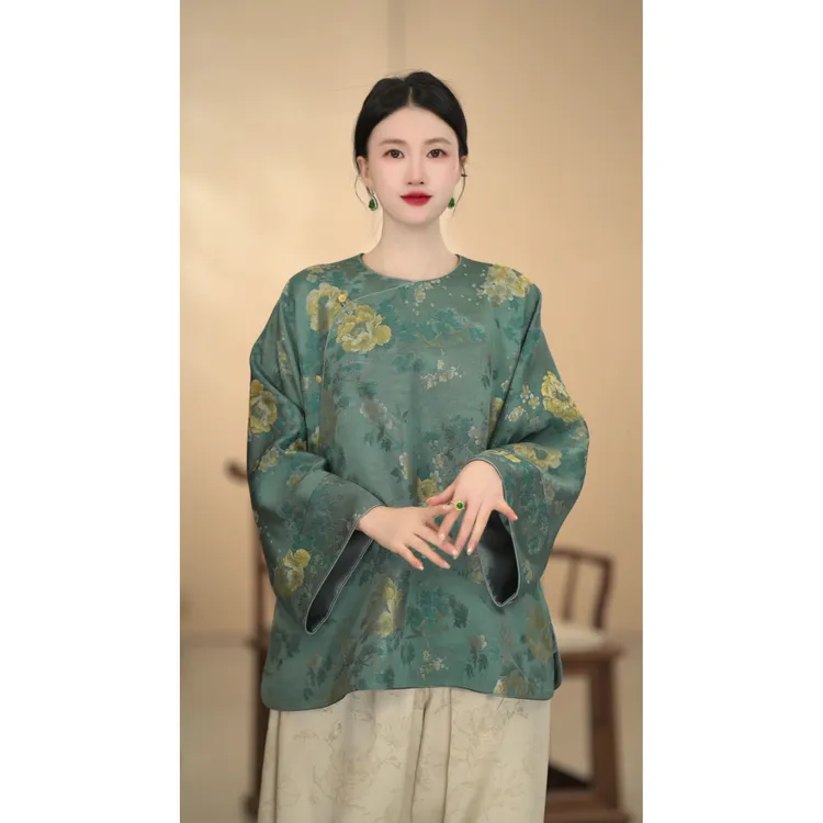 「金桂衣」新中式秋冬款时尚浅色系圆领斜襟宽松长袖上衣复古唐装