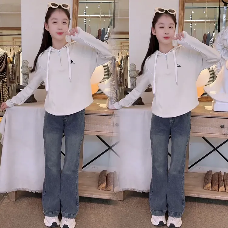 女童春秋新款韩系连帽衫百搭洋气韩系牛仔喇叭裤中大童休闲潮酷