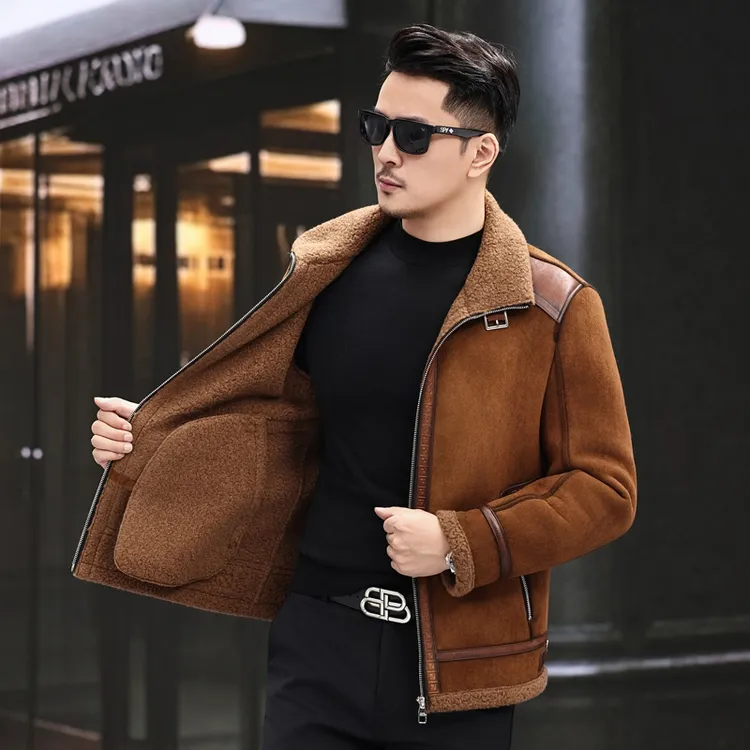 冬季新款男士皮毛一体短款美式休闲真皮夹克纯羊毛内里机车服外套