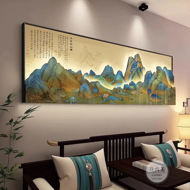 千里江山图客厅装饰画中式背景墙挂画高级大气3d立体山水画发光