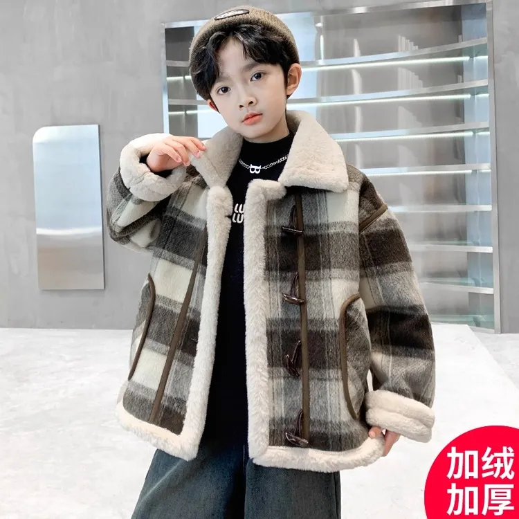 儿童装男童冬季加绒毛呢外套2025新款中大童秋冬款男孩加厚羊羔绒